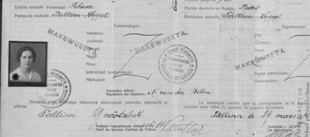 Estnisches Nationalarchiv - Reisepass von Natalia van der Bellen 1922