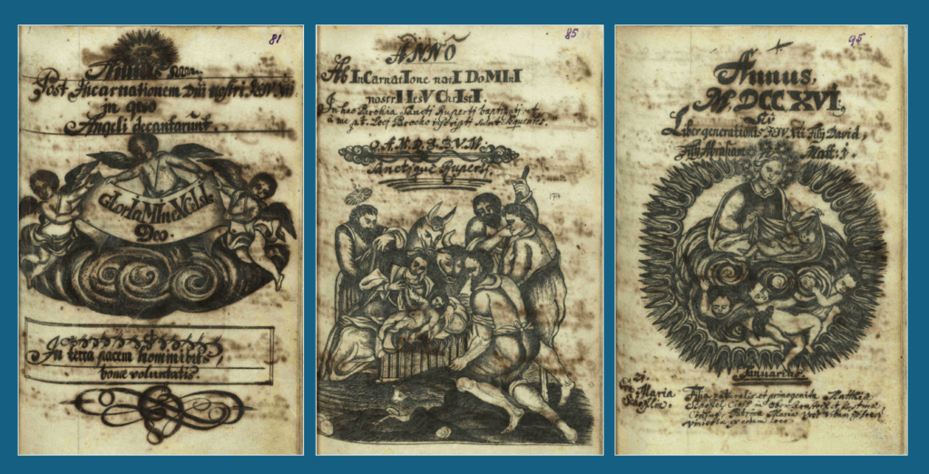 Jahres-Deckblätter des Taufbuches der Pfarre in Hofarnsdorf (1713, 1714, 1716)